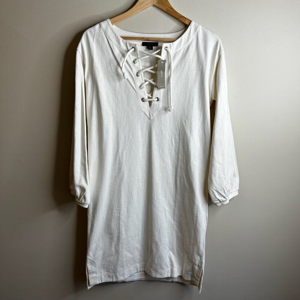J Crew Shirt Dress Sz XS Ivory Lace Up Balloon Sleeve Cotton Boho Coastal Preppy